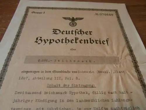Hypothekenbrief Schwerin 1937 , Hans Hoppe , Major Marie von Boddien , Hypothek , Mecklenburg !!