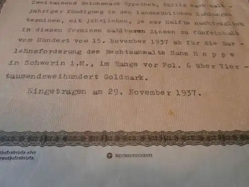Hypothekenbrief Schwerin 1937 , Hans Hoppe , Major Marie von Boddien , Hypothek , Mecklenburg !!