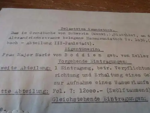 Hypothekenbrief Schwerin 1937 , Hans Hoppe , Major Marie von Boddien , Hypothek , Mecklenburg !!