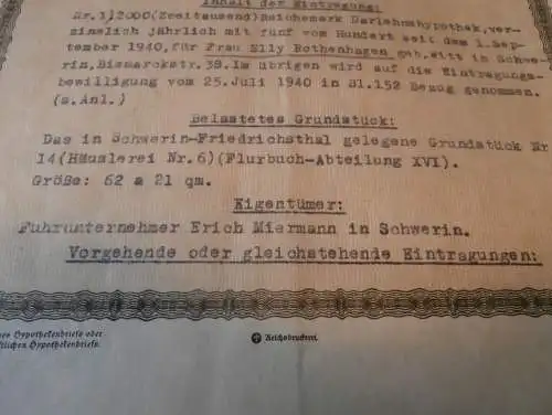 Hypothekenbrief Schwerin 1941 Elly Rothenhagen , Erich Miermann , Schutzpolizei , Hypothek , Mecklenburg !!