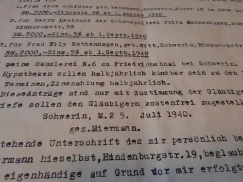 Hypothekenbrief Schwerin 1941 Elly Rothenhagen , Erich Miermann , Schutzpolizei , Hypothek , Mecklenburg !!