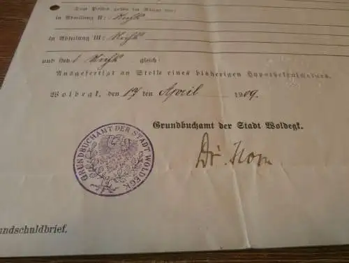 Grundschuldbrief , 1909 , Karl Brookmann in Woldegk , August Steinführer , W. Steinfurth in Hildesheim ,  Mecklenburg !!