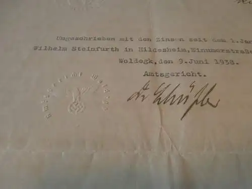 Grundschuldbrief , 1909 , Karl Brookmann in Woldegk , August Steinführer , W. Steinfurth in Hildesheim ,  Mecklenburg !!