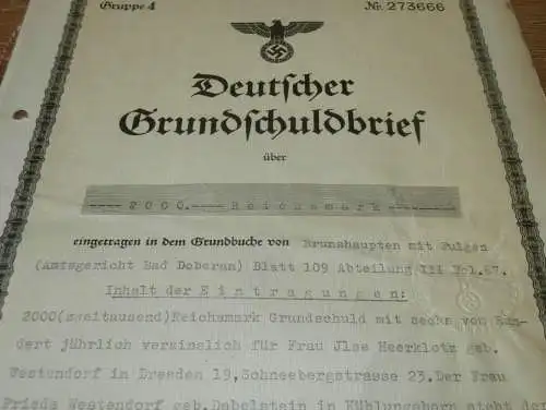 Grundschuldbrief , Brunshaupten mit Fulgen 1942 , Bad Doberan , Kühlungsborn , Rerik ,  Mecklenburg !!!