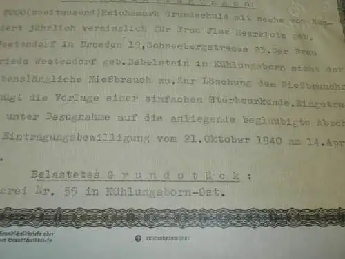 Grundschuldbrief , Brunshaupten mit Fulgen 1942 , Bad Doberan , Kühlungsborn , Rerik ,  Mecklenburg !!!