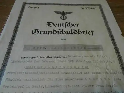 Grundschuldbrief , Brunshaupten mit Fulgen 1942 , Bad Doberan , Kühlungsborn , Rerik ,  Mecklenburg !!!