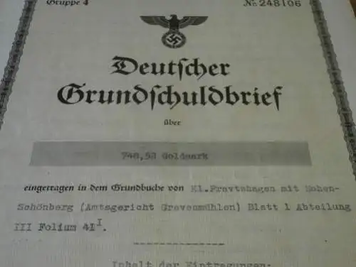 Grundschuldbrief , Klein Pravtshagen , 1944 , b. Kalkhorst , Klütz , Grevesmühlen , Hohen Schönberg , Mecklenburg !!!