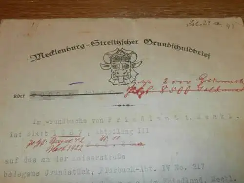 Grundschuldbrief , Friedland 1929 , Robert Gryza , Martha Manthey in Stettin , Grubert , Frieda Bach , Mecklenburg !!!