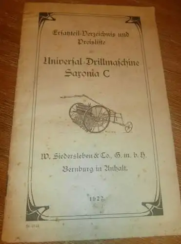 Ersatzteilliste Saxonia Drillmaschine , 1922 , Siedersleben & Co., Bernburg in Anhalt , Betriebsanleitung , Handbuch  !!