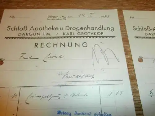 Dargun in Mecklenburg 1937 - Schloß - Apotheke und Drogenhandlung , K. Grothkop , 2 alte Rechnungen !!