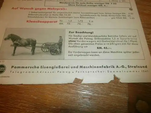 PEMAG - Pommersche Eisengießerei AG Stralsund 1933 , Prospekt , Katalog , Pommern , Agrar , Landwirtschaft Mecklenburg !