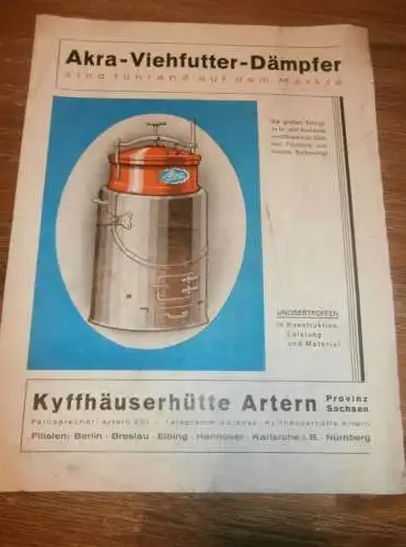 Katalog / Reklame - AKRA Viehfutter Dämpfer 1932 , Kyffhäuserhütte Artern i.Sa. ,  Agrar , Landwirtschaft !!!