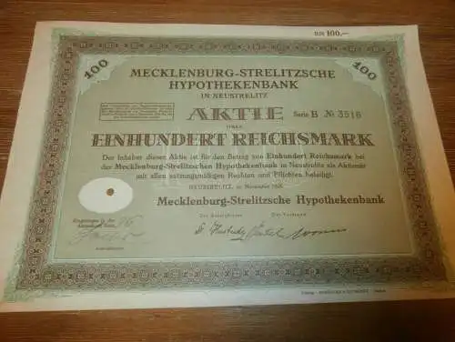 Aktie 100 Reichsmark , Neustrelitz 1926 , Mecklenburg - Strelitzsche Hypothekenbank , Strelitz !!!