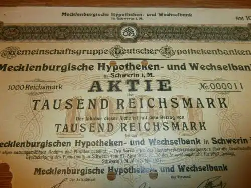 Aktie 1000 Reichsmark , Schwerin 1927 , Mecklenburgische Hypotheken- und Wechselbank , Stammaktie , Inhaberaktie !!!