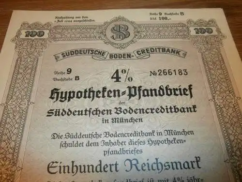 Hypotheken-Pfandbrief München 1941 , 100 Reichsmark , Süddeutsche Bodencreditbank !!!