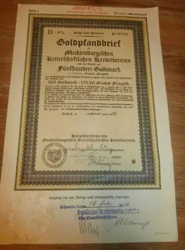 Goldpfandbrief 500 Goldmark Schwerin / Rostock 1938 , Ritterschaftlicher Kreditverein , Mecklenburg , Pfandbrief , Gold