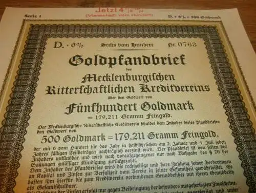 Goldpfandbrief 500 Goldmark Warin / Rostock 1937 , Ritterschaftlicher Kreditverein , Mecklenburg , Pfandbrief , Gold