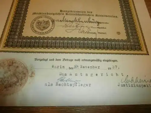 Goldpfandbrief 500 Goldmark Warin / Rostock 1937 , Ritterschaftlicher Kreditverein , Mecklenburg , Pfandbrief , Gold