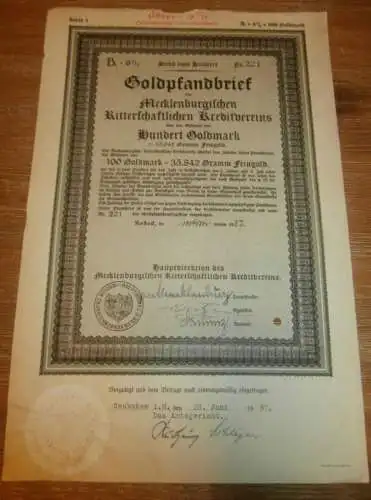 Goldpfandbrief 100 Goldmark Neubukow / Rostock 1937 , Ritterschaftlicher Kreditverein , Mecklenburg , Pfandbrief , Gold