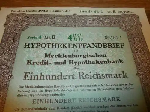 Hypothekenpfandbrief Neustrelitz 1937 , 100 Reichsmark , Hypothek , Mecklenburg , Pfandbrief