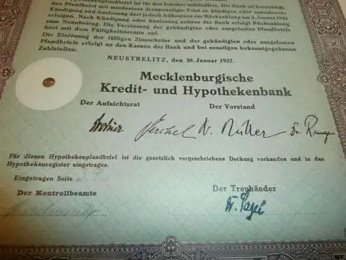 Hypothekenpfandbrief Neustrelitz 1937 , 100 Reichsmark , Hypothek , Mecklenburg , Pfandbrief