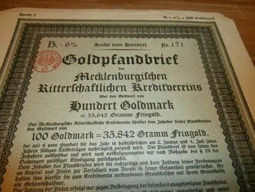 Goldpfandbrief 100 Goldmark Fürstenberg Rostock 1931 , Ritterschaftlicher Kreditverein , Mecklenburg , Pfandbrief , Gold