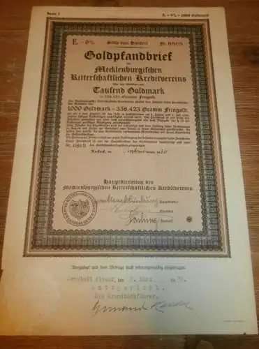 Goldpfandbrief 1000 Goldmark Wismar / Rostock 1930 , Ritterschaftlicher Kreditverein , Mecklenburg , Pfandbrief , Gold