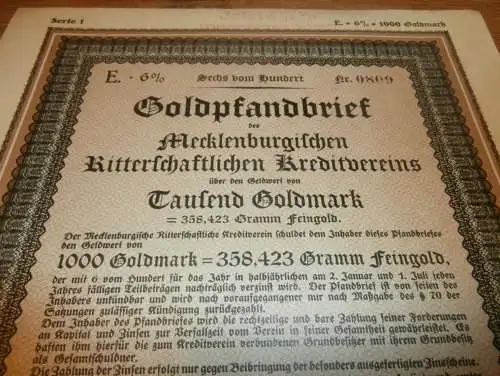 Goldpfandbrief 1000 Goldmark Wismar / Rostock 1930 , Ritterschaftlicher Kreditverein , Mecklenburg , Pfandbrief , Gold