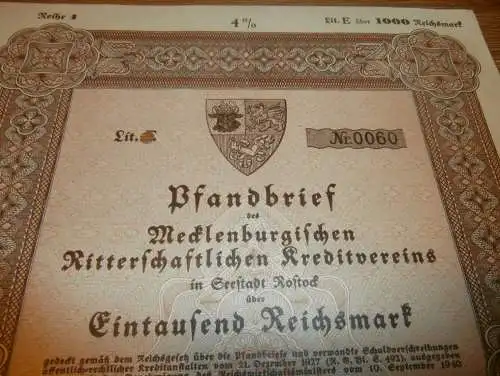 Pfandbrief 1000 Reichsmark Ribnitz / Rostock 1942 , Mecklenburg !!