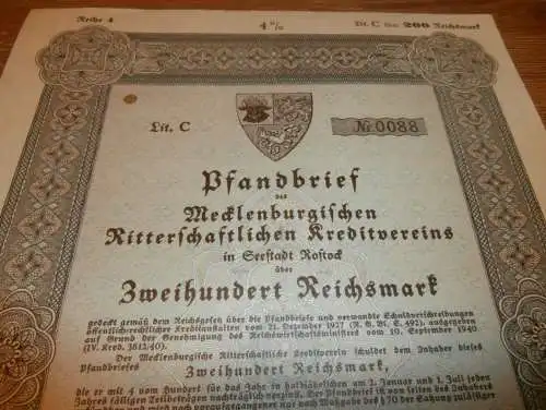 Pfandbrief 200 Reichsmark Hagenow / Rostock 1942 , Mecklenburg !!