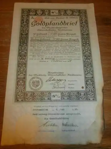 Goldpfandbrief 50 Goldmark Grevesmühlen Rostock 1928, Ritterschaftlicher Kreditverein , Mecklenburg , Pfandbrief , Gold