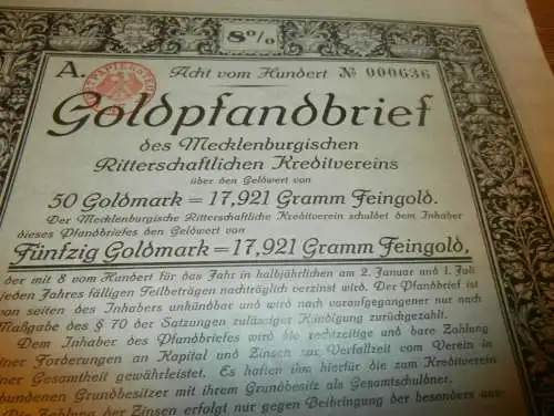 Goldpfandbrief 50 Goldmark Grevesmühlen Rostock 1928, Ritterschaftlicher Kreditverein , Mecklenburg , Pfandbrief , Gold