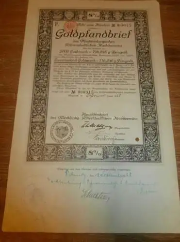 Goldpfandbrief 2000 Goldmark Ribnitz  / Rostock 1928 , Ritterschaftlicher Kreditverein , Mecklenburg , Pfandbrief , Gold