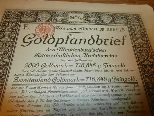 Goldpfandbrief 2000 Goldmark Ribnitz  / Rostock 1928 , Ritterschaftlicher Kreditverein , Mecklenburg , Pfandbrief , Gold