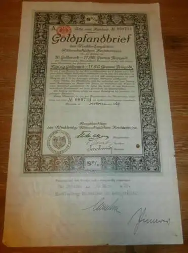 Goldpfandbrief 50 Goldmark Bad Doberan / Rostock 1929, Ritterschaftlicher Kreditverein , Mecklenburg , Pfandbrief , Gold