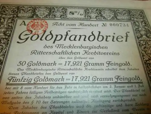 Goldpfandbrief 50 Goldmark Bad Doberan / Rostock 1929, Ritterschaftlicher Kreditverein , Mecklenburg , Pfandbrief , Gold