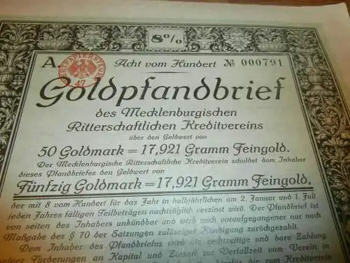 Goldpfandbrief 50 Goldmark Gadebusch / Rostock 1930 , Ritterschaftlicher Kreditverein , Mecklenburg , Pfandbrief , Gold