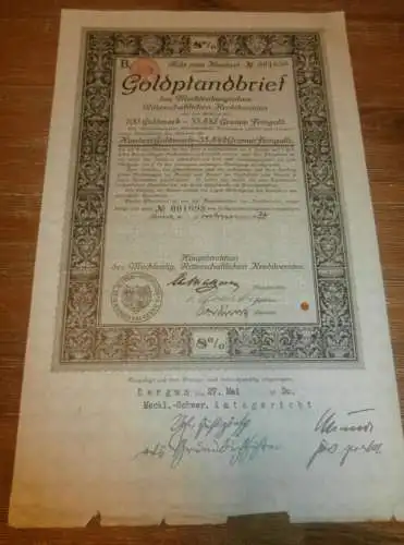 Goldpfandbrief 100 Goldmark Dargun / Rostock 1930 , Ritterschaftlicher Kreditverein , Mecklenburg , Pfandbrief , Gold