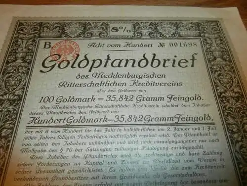 Goldpfandbrief 100 Goldmark Dargun / Rostock 1930 , Ritterschaftlicher Kreditverein , Mecklenburg , Pfandbrief , Gold