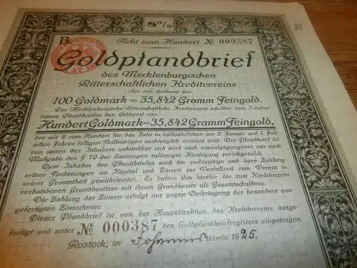 Goldpfandbrief 100 Goldmark Rostock / Schönberg 1927 , Ritterschaftlicher Kreditverein , Mecklenburg , Pfandbrief , Gold