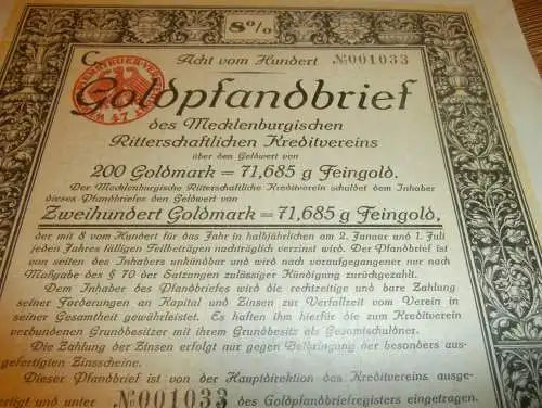 Goldpfandbrief 200 Goldmark Rostock / Schwerin  1927 , Ritterschaftlicher Kreditverein , Mecklenburg , Pfandbrief , Gold