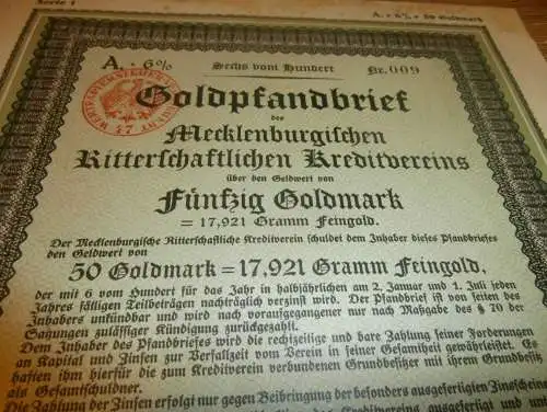 Goldpfandbrief 50 Goldmark Rostock / Güstrow , 1927 , Ritterschaftlicher Kreditverein , Mecklenburg , Pfandbrief , Gold