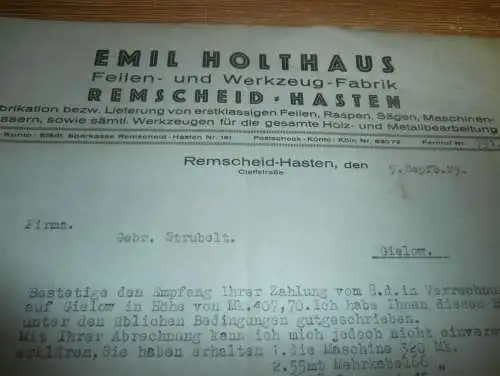 alte Rechnung , Emil Holthaus , 1929 , Werkzeug Remscheid-Hasten !!!