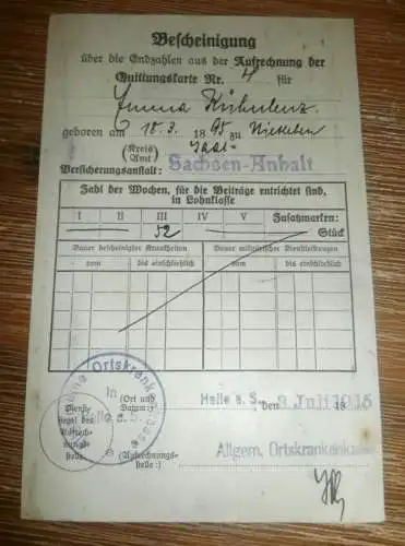 Bescheinigung , Nietleben b. Halle a. Saale , 1915 , Emma Kühnlenz , Krankenkasse   !!!