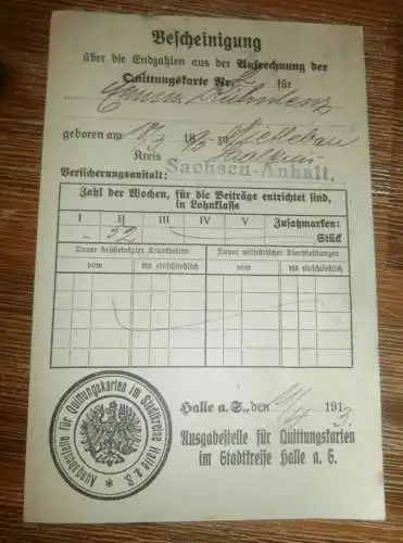 Bescheinigung , Nietleben b. Halle a. Saale , 1913 , Emma Kühnlenz , Krankenkasse   !!!