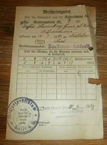 Bescheinigung , Nietleben b. Halle a. Saale , 1921 , Artur Löwenberg , Kühnlenz , Krankenkasse   !!!