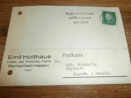 alte Karte , Emil Holthaus in Remscheid Hasten , 1929 , Sägewerk Strubelt in Gielow   !!!