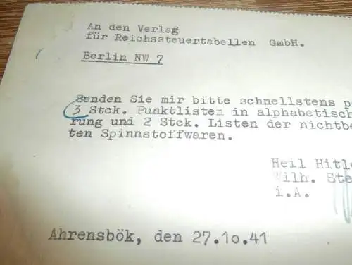 alte Karte , Wilhelm Steen in Ahrensbök in Holstein 1941 !!!