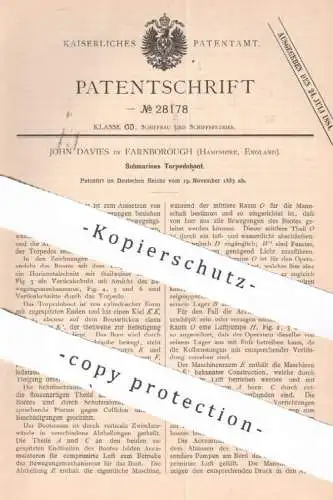 original Patent - John Davies , Farnborough Hampshire , England | 1883 | Submarines Torpedoboot | Torpedo Boot | Schiff