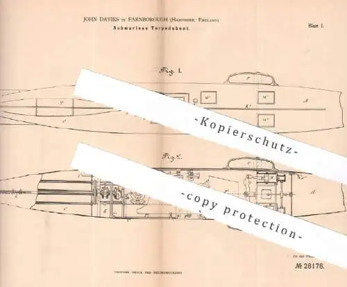 original Patent - John Davies , Farnborough Hampshire , England | 1883 | Submarines Torpedoboot | Torpedo Boot | Schiff